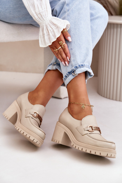 Zazoo 20175 jalatsid  kõrge jämeda kontsaga Naturaalsest nahast Elevandiluu värvi