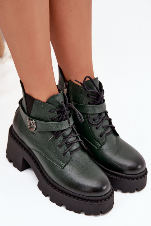 Nahkased naiste saapad kaunistatud kontsadega, soojustatud, Zazoo 60557, khaki värv
