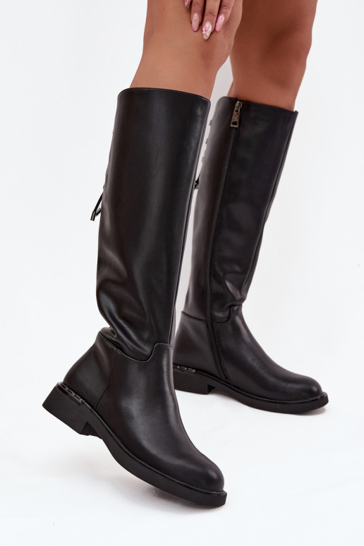 voodriga naiste pika säärega saapad Z Naturalnej Skóry laiade nööridega Vinceza 66822 Must