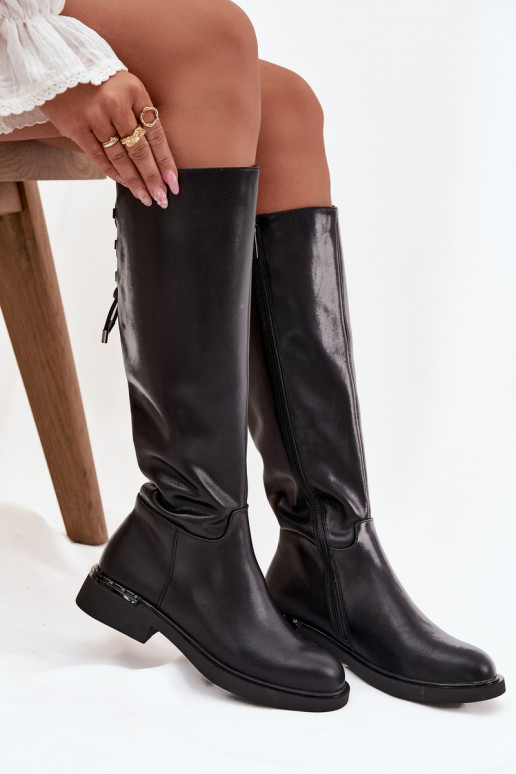 voodriga naiste pika säärega saapad Z Naturalnej Skóry laiade nööridega Vinceza 66822 Must