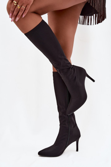 Riidest naiste pika säärega saapad kõrge jämeda kontsaga S.Barski HY52-513 Must