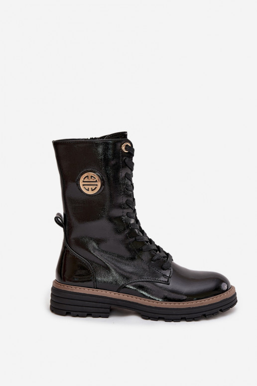 lakkpinnaga tööjalatsid naistele pahkluu saapad kuldsete detailidega musta värvi Dorialine