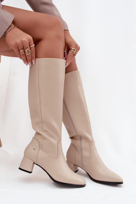 voodriga naiste pika säärega saapad kõrge jämeda kontsaga  A7165-04 beeži värvi   voodriga naiste pika säärega saapad kõrge jämeda kontsaga  A7165-04 beeži värvi
