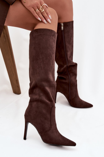 voodriga naiste pika säärega saapad kõrge jämeda kontsaga Z u Czekoladowe Rosavine