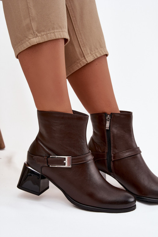 naiste saapad  kõrge jämeda kontsaga neetide ja pandlaga Zazoo 60562 Czekoladowe