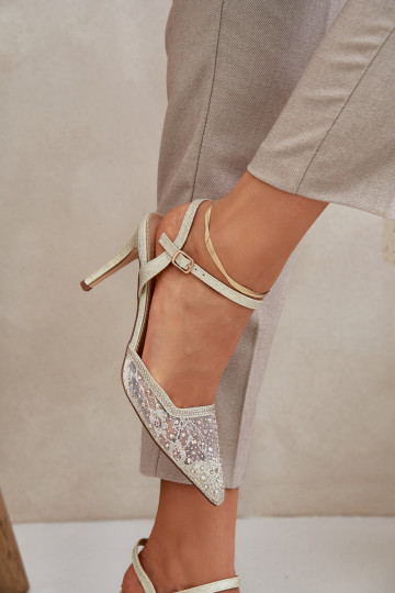 Kaunistustega kõrge kontsaga Terava ninaga jalatsid Kuldset värvi Nanadra 2