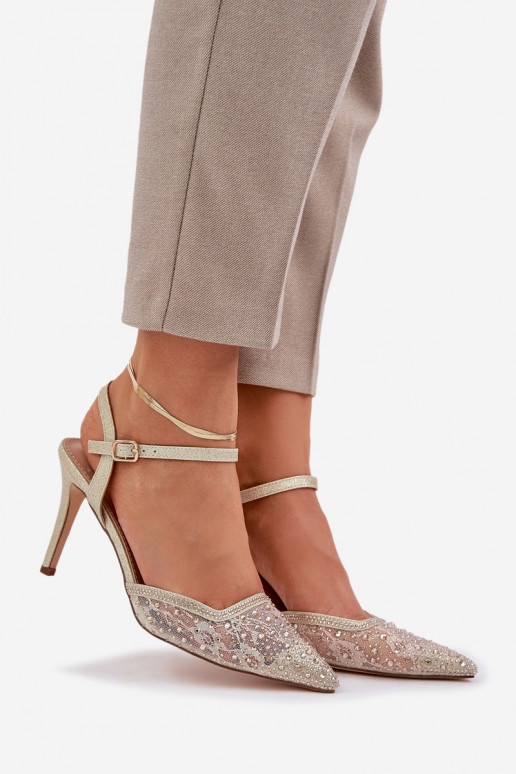 Kaunistustega kõrge kontsaga Terava ninaga jalatsid Kuldset värvi Nanadra