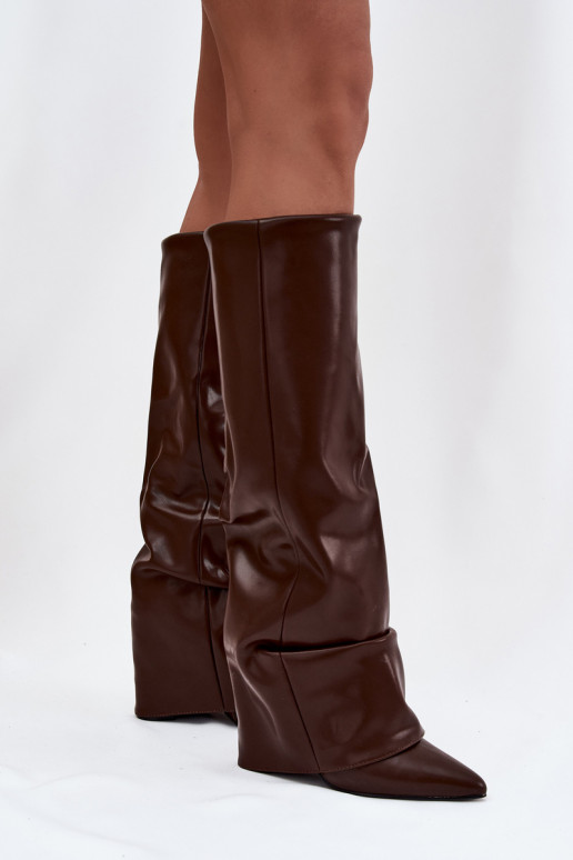 voodriga naiste pika säärega saapad Z Wywiniętą Cholewką kõrge jämeda kontsaga Czekoladowe Elivira