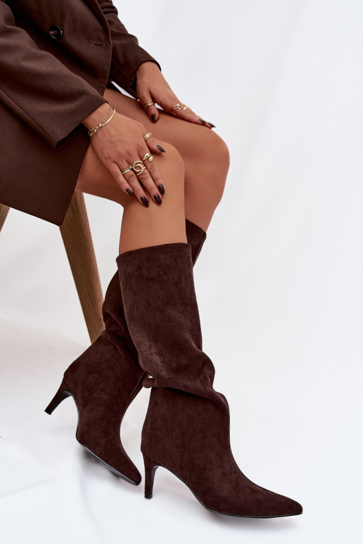 naiste pika säärega saapad  voodriga kõrge jämeda kontsaga Czekoladowe Olivienne