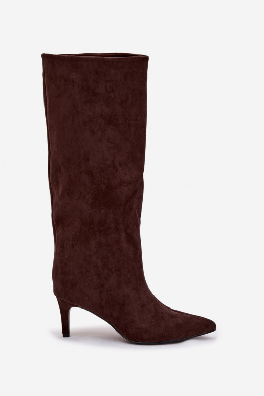 naiste pika säärega saapad  voodriga kõrge jämeda kontsaga Czekoladowe Olivienne