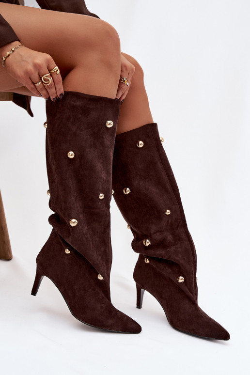  naiste pika säärega saapad kõrge jämeda kontsaga Ze Kuldset värvimi Ozdobami Czekoladowe Thaliane