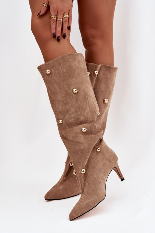  naiste pika säärega saapad kõrge jämeda kontsaga Ze Kuldset värvimi Ozdobami beeži värvi Thaliane