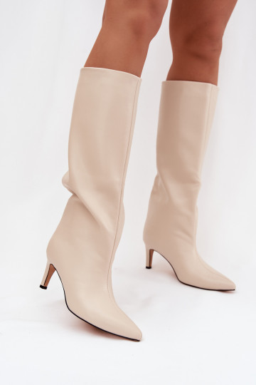 naiste pika säärega saapad  voodriga kõrge jämeda kontsaga Elevandiluu värvi Olivienne