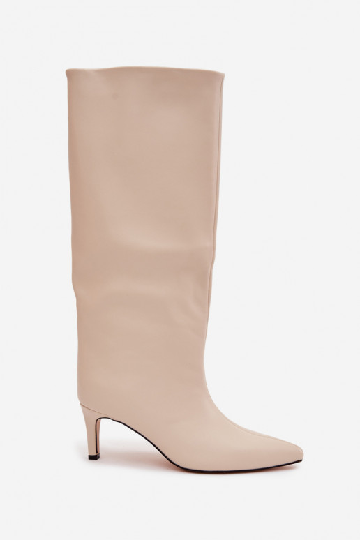 naiste pika säärega saapad  voodriga kõrge jämeda kontsaga Elevandiluu värvi Olivienne