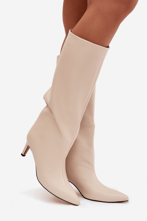 naiste pika säärega saapad  voodriga kõrge jämeda kontsaga Elevandiluu värvi Olivienne