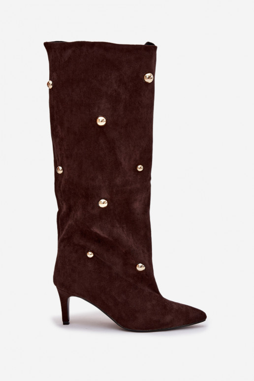 Šokolaadi värvi kergesti jalga tõmmatavad naiste pikad saapad õhukeste kontsadega ja kuldsete kaunistustega Thaliane