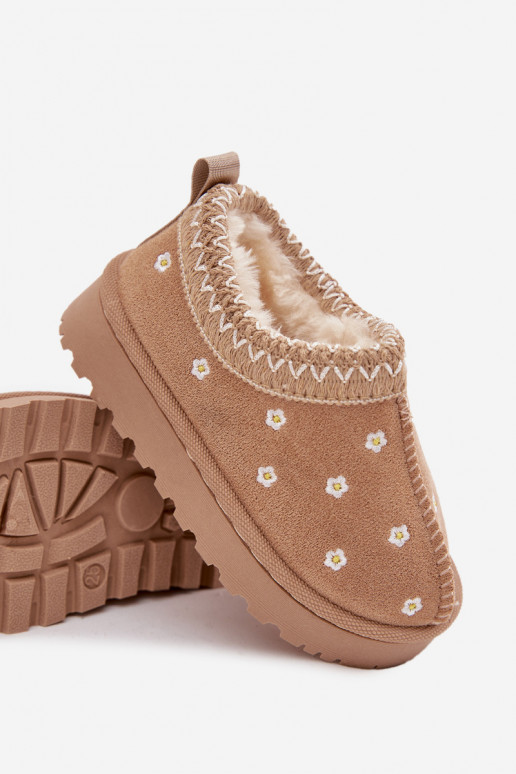 Laste lumesaapad lillemotiivide ja kõrvadega, soojustatud karusnahaga sees, Palina, liivakarva