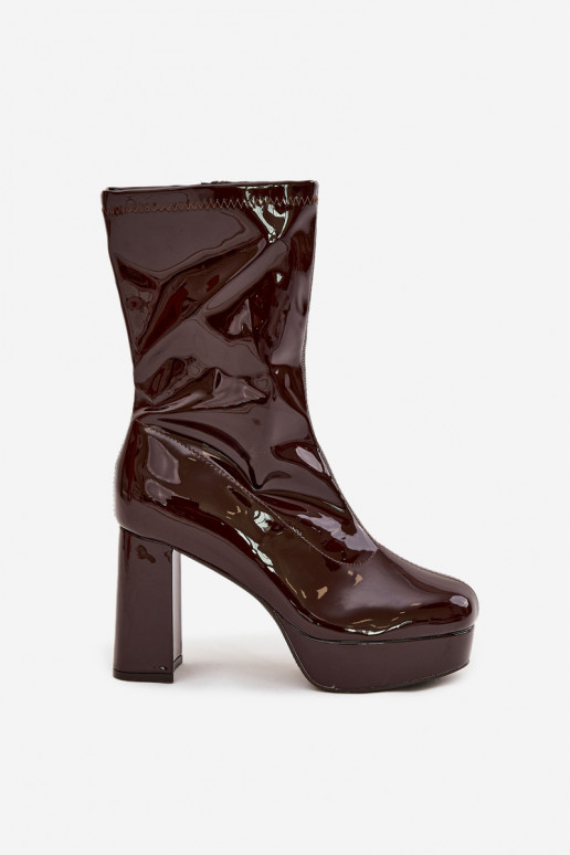 Calvessa lakk-kunstnahast naiste saapad platvormiga ja paksu kontsaga šokolaadikarva