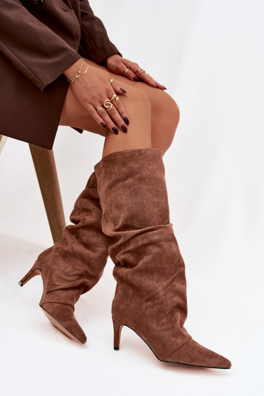 Beige värvi kortsus sooja voodriga pikad saapad õhukeste kontsadega kunstsuede peal Tai turivella