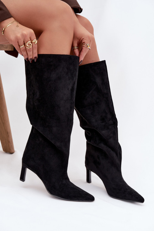 naiste pika säärega saapad Z u  kõrge jämeda kontsaga Must Phelin