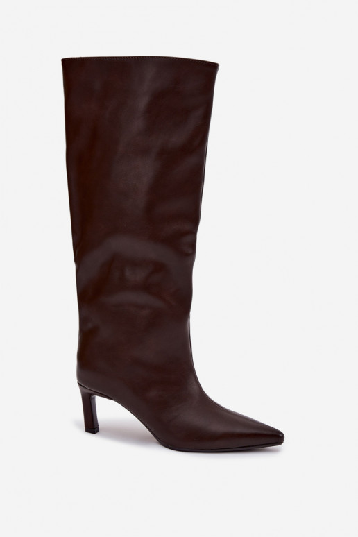 naiste pika säärega saapad  kõrge jämeda kontsaga  Czekoladowe Olyvia