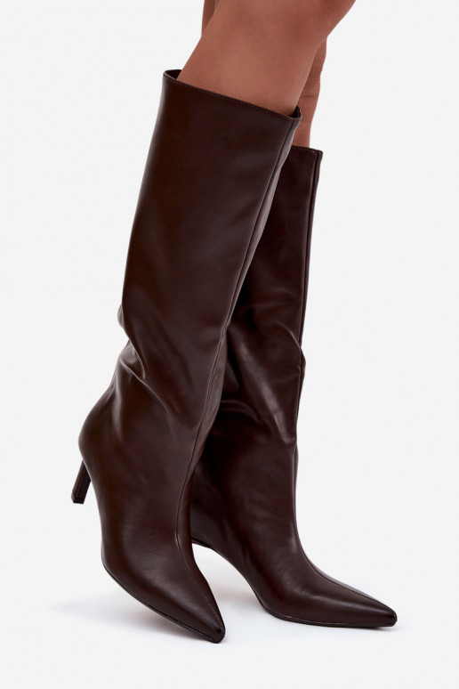 naiste pika säärega saapad  kõrge jämeda kontsaga  Czekoladowe Olyvia