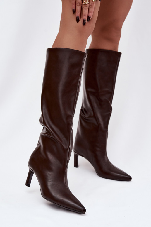 naiste pika säärega saapad  kõrge jämeda kontsaga  Czekoladowe Olyvia