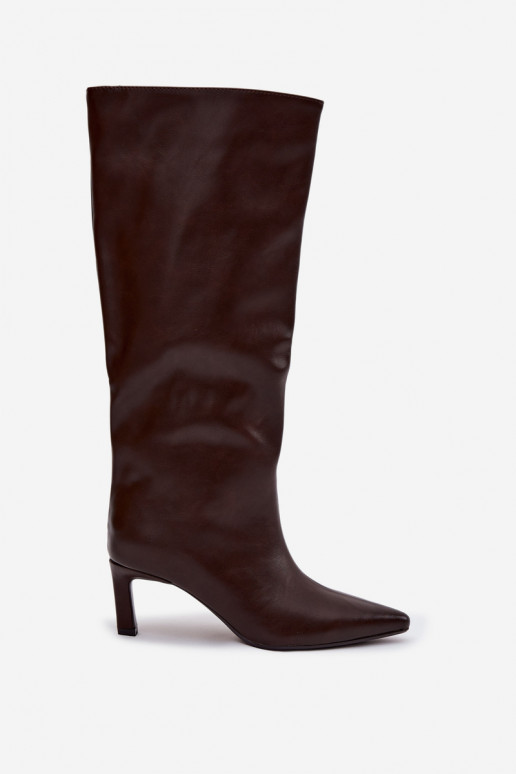 naiste pika säärega saapad  kõrge jämeda kontsaga  Czekoladowe Olyvia