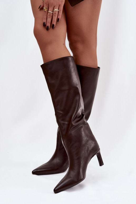 naiste pika säärega saapad  kõrge jämeda kontsaga  Czekoladowe Olyvia