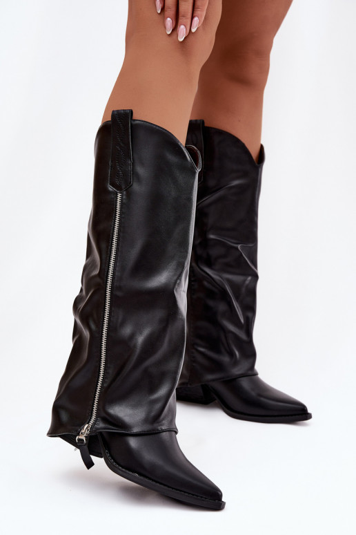 pika säärega saapad  kõrge jämeda kontsaga eko-nahast Must Palira