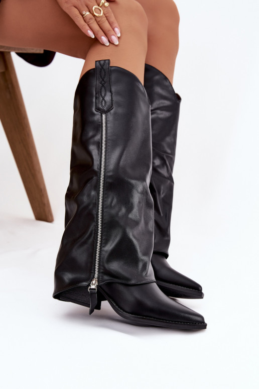 pika säärega saapad  kõrge jämeda kontsaga eko-nahast Must Palira