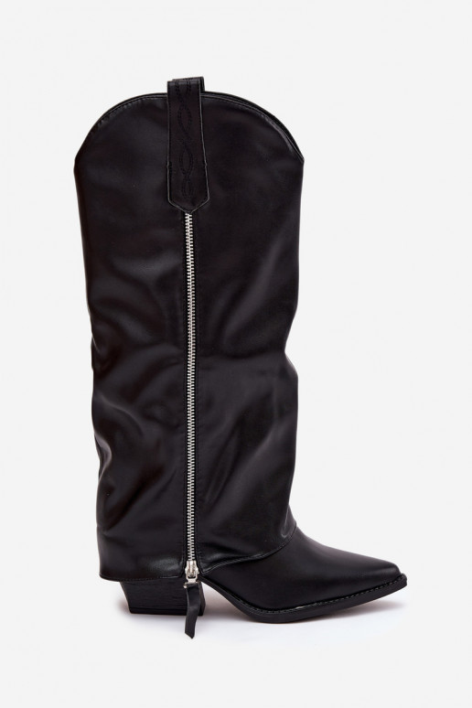 pika säärega saapad  kõrge jämeda kontsaga eko-nahast Must Palira