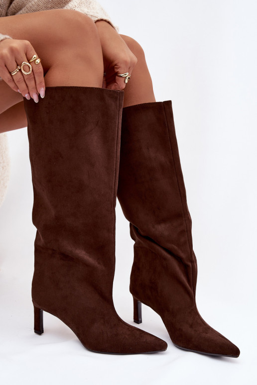 Phelin naiste kunstsuede kõrged saapad, sisetõmmatavad mudelid, õhukeste kontsadega, šokolaadi värvi