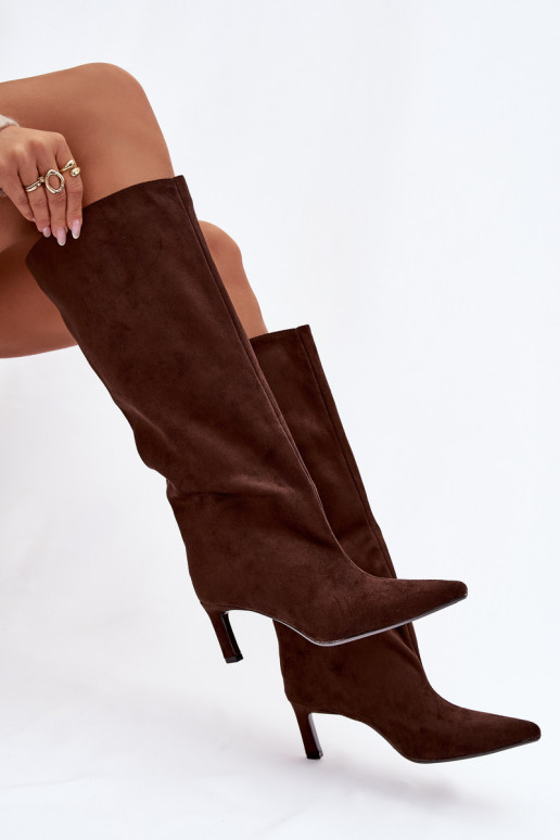 Phelin naiste kunstsuede kõrged saapad, sisetõmmatavad mudelid, õhukeste kontsadega, šokolaadi värvi