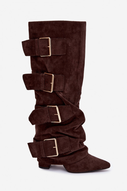 naiste pika säärega saapad kõrge jämeda kontsaga Z Wywiniętą Cholewką I Kuldset värvimi neetide ja pandlagami owe Czekoladowe Is