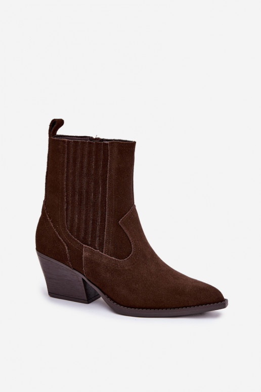 seemisnakhsed kauboistiilis saapad  kõrge jämeda kontsaga voodriga Czekoladowe Dylira