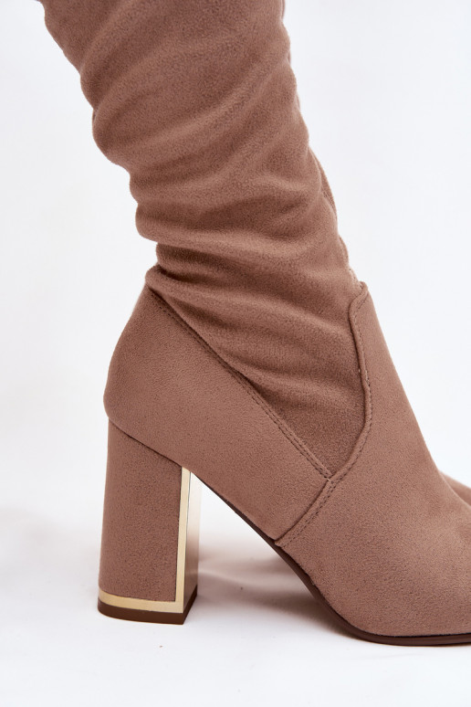 naiste pika säärega saapad owe  kõrge jämeda kontsaga beeži värvi Thamine