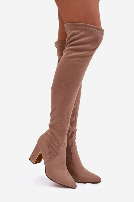 naiste pika säärega saapad owe  kõrge jämeda kontsaga beeži värvi Thamine