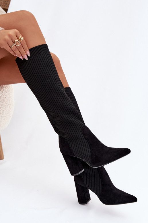 naiste pika säärega saapad kõrge jämeda kontsaga Must Yserine