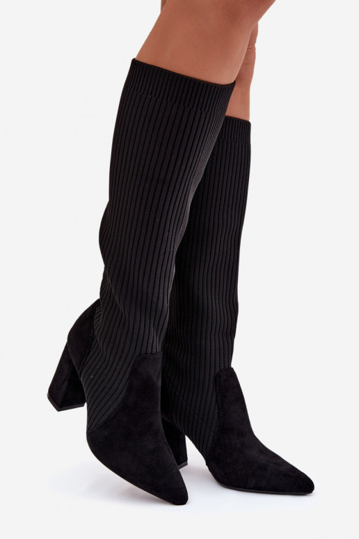 naiste pika säärega saapad kõrge jämeda kontsaga Must Yserine