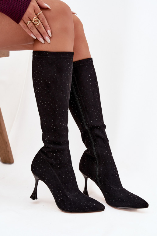 D&A JC52-883 mustad naiste kõrged saapad peenikeste kontsade ja kaunistustega