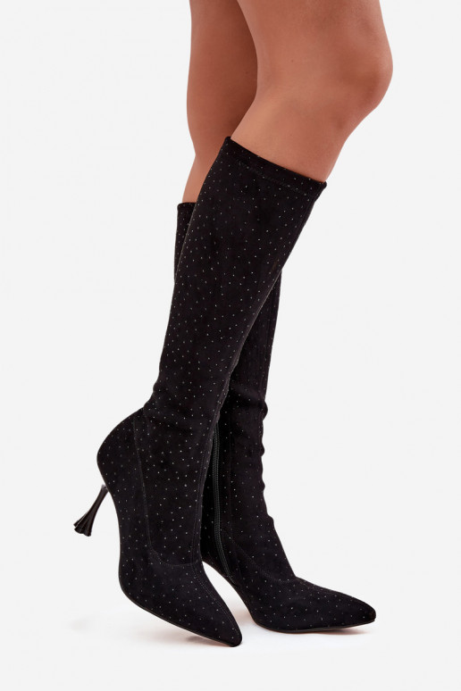 D&A JC52-883 mustad naiste kõrged saapad peenikeste kontsade ja kaunistustega