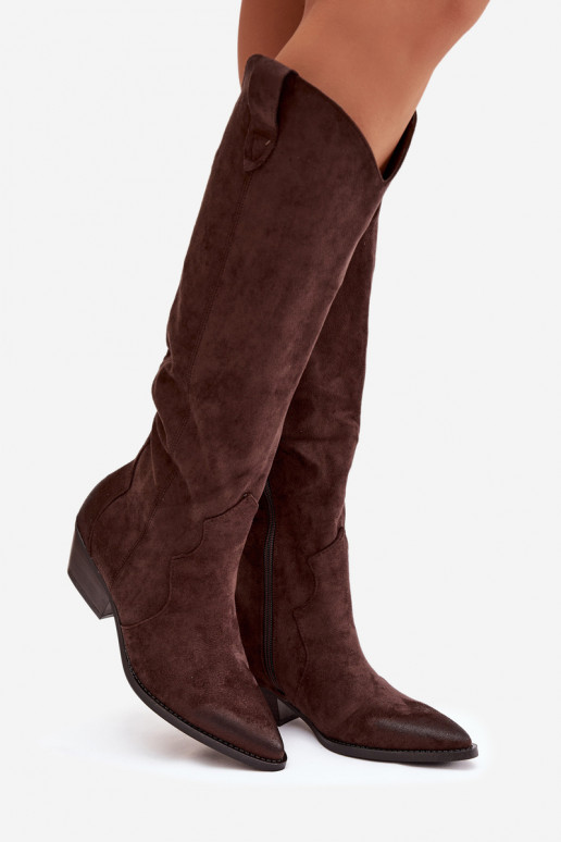 owe pika säärega saapad   kõrge jämeda kontsaga Czekoladowe Jenaya