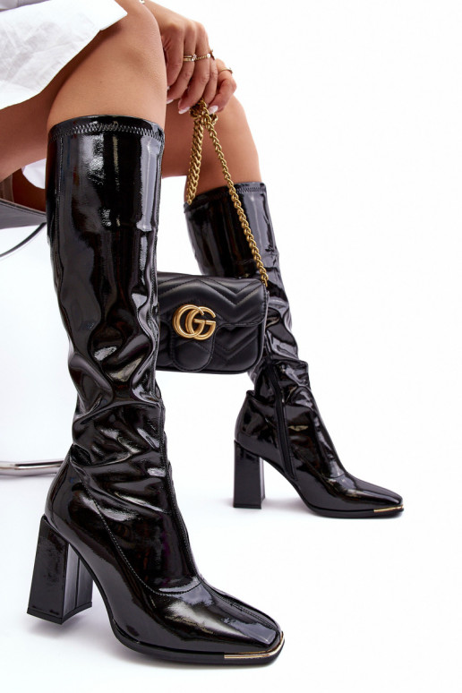 Laque pika säärega saapad kõrge jämeda kontsaga  Must Mlokva