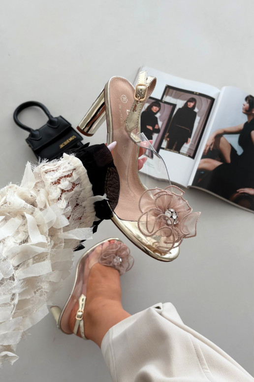 sandaalid kõrge jämeda kontsaga kaunistustega I Kryształkami D&A MR52-236 Kuldset värvi