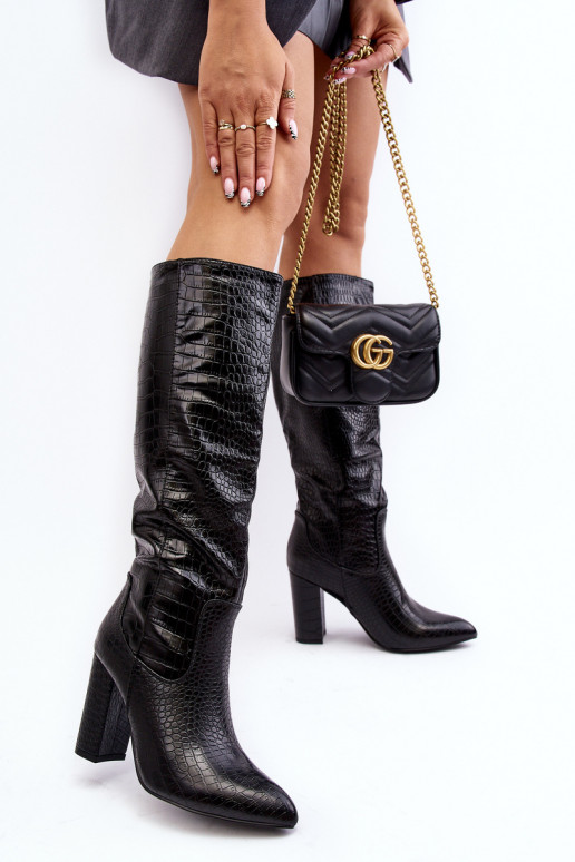 naiste pika säärega saapad kõrge jämeda kontsaga voodriga  Must Delul