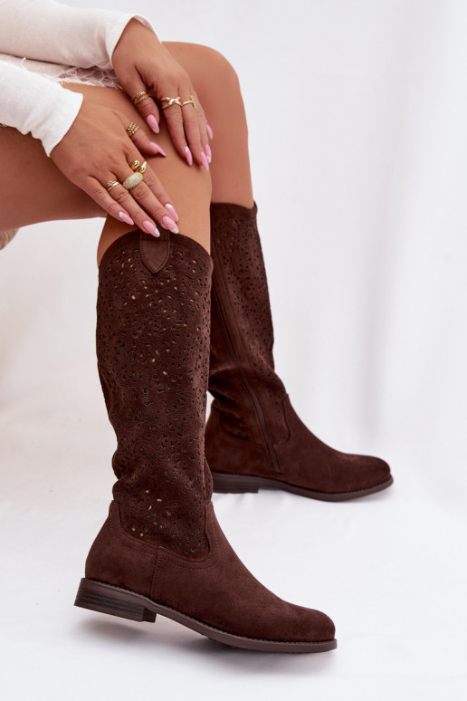  naiste pika säärega saapad laiade nööridega S.Barski HY61-8023 Czekoladowe