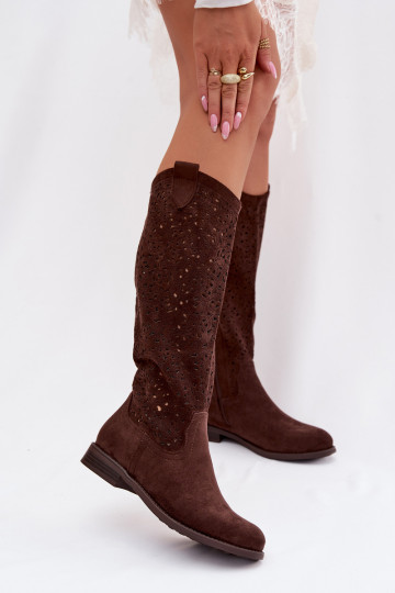  naiste pika säärega saapad laiade nööridega S.Barski HY61-8023 Czekoladowe 2