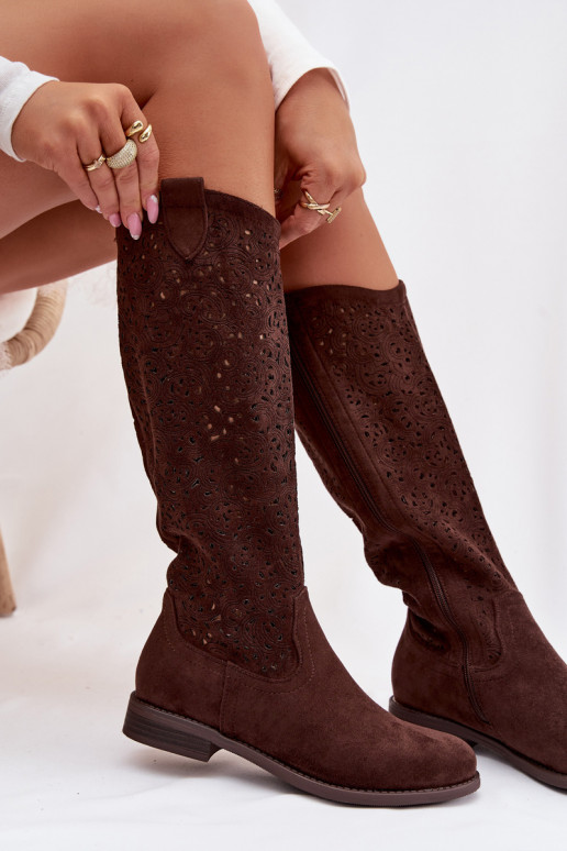  naiste pika säärega saapad laiade nööridega S.Barski HY61-8023 Czekoladowe