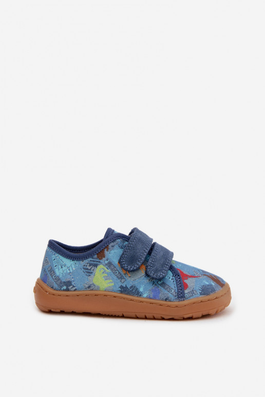 Laste sussid Barefoot dinozauridega Froddo Canvas G1700440-15 sinise värviga